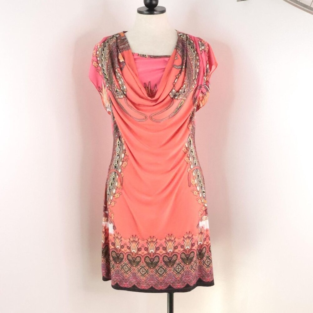 One World Women's M Coral Pink Waterfall Cowl Neck Printed Short Sleeve Dress
